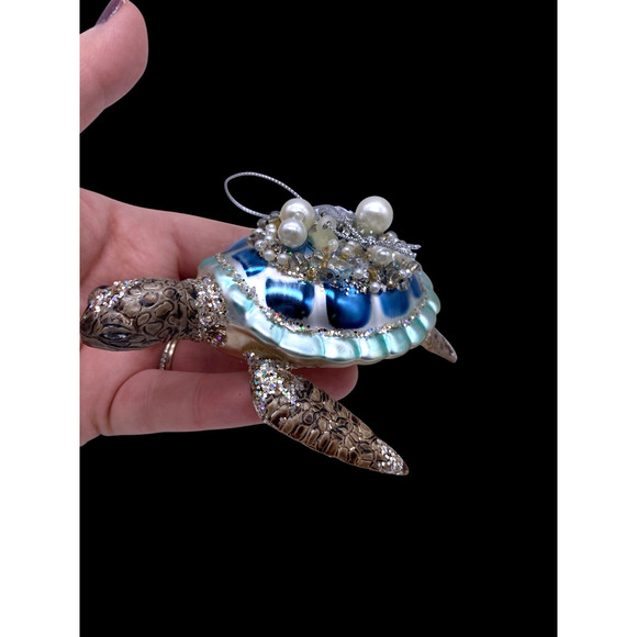 Sea Turtle Christmas Ornament Mercury Glass Jewel Encrusted Beachy Ocean Life 5" - Picture 5 of 11